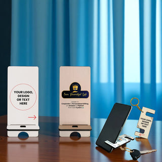 Wooden Mobile Stand and Custom Keychain Set – Engraved with Name and Company Logo