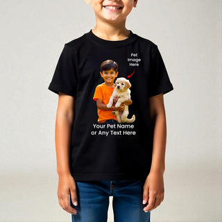 Personalized Unisex Kids Black Cotton T-Shirt with Your Pet's Photo and Name Printed.