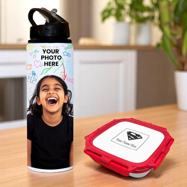 Personalized Kids School Set – Small Lunch Box & Photo Printed Sipper Bottle.