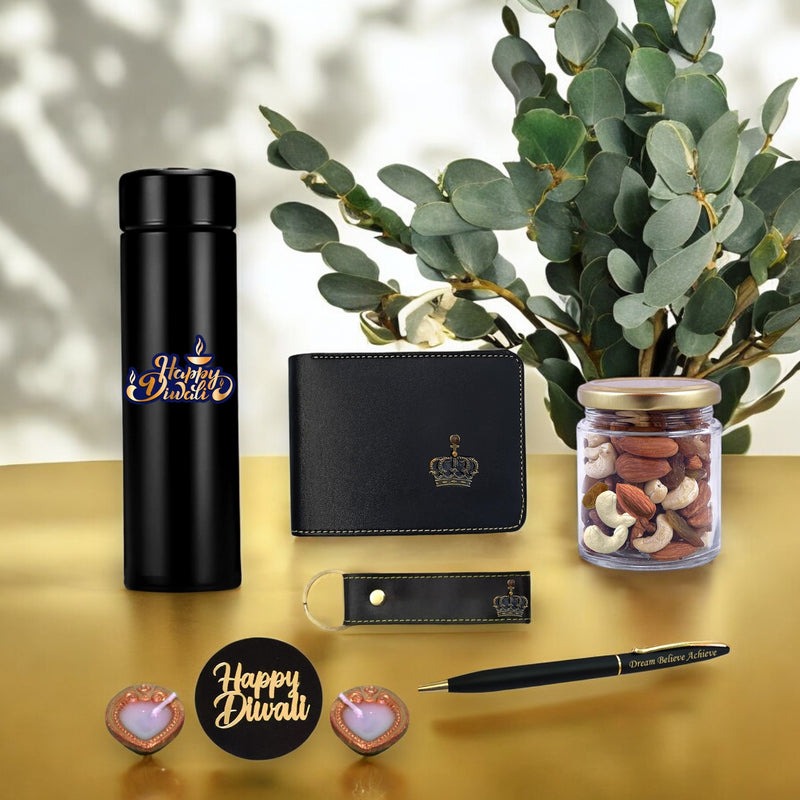 Diwali Gift Set – Men's Leather Wallet, King Charm, Keychain, Pen & 'Happy Diwali' Bottle.