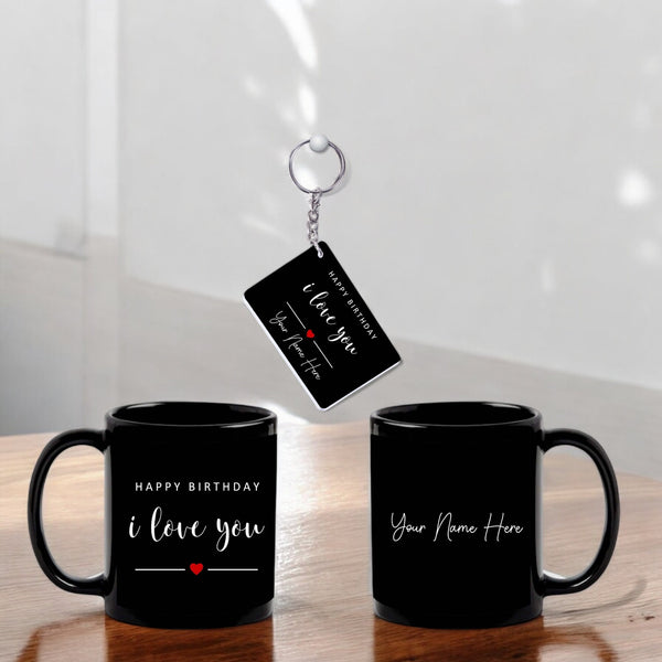 Birthday Gift Set– Black Ceramic Coffee Mug &  Acrylic Keychain with 'Happy Birthday' Quote & Name Printed.