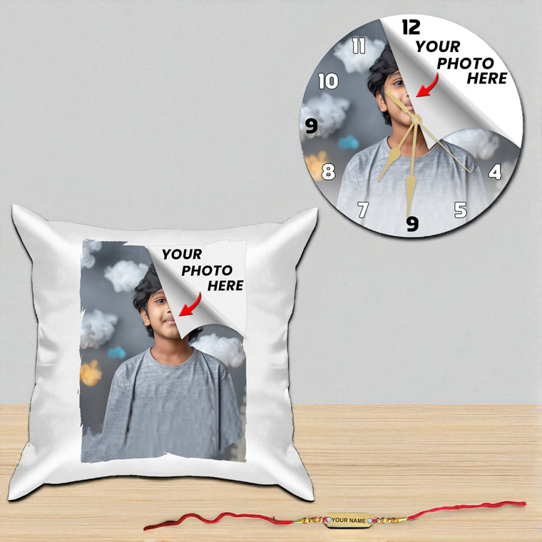 Personalized Rakhi Gift Set – Photo Printed Cushion, Wall Clock & Name Engraved Rakhi