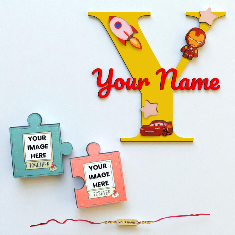 Rakhi Gift Combo –Colored Name Monogram, Puzzle Magnet & Foil Rakhi.