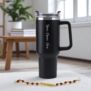 Personalized Rakhi Gifts Set- Custom Steel Straw Tumbler+ Rudrakasha Rakhi