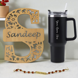 Rakhi Gift for Brother – Customized Straw Tumbler, Wooden Monogram Initial & Name‑Engraved Rudraksh Rakhi