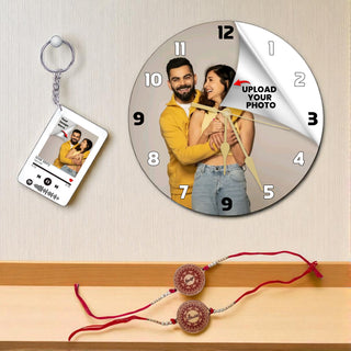 Rakshabandhan Gift – Custom Spotify Photo Keychain, Photo Wall Clock & Traditional Bhaiya‑Bhabhi Rakhi