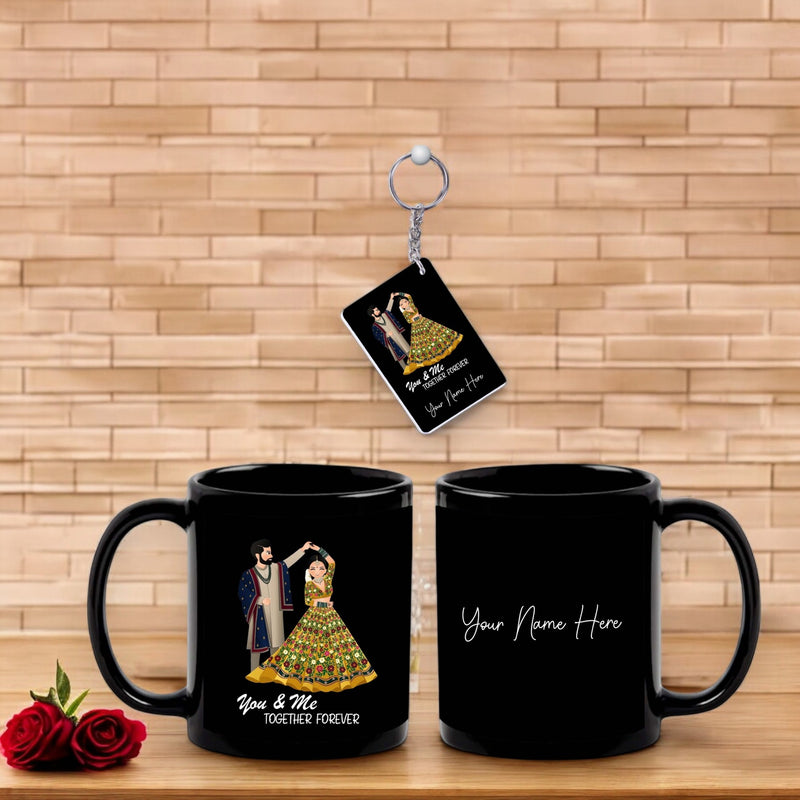 Black Mug & Keychain Set with Couple Caricature Design & Name –