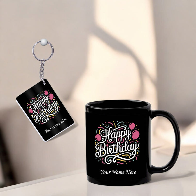 Birthday Gift Set– Black Coffee Mug &  Acrylic Keychain with 'Happy Birthday' Quote & Name Printed.