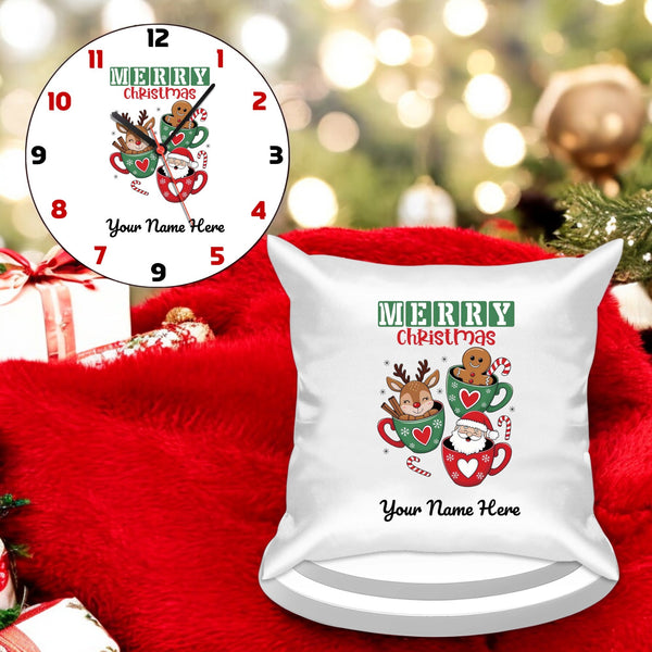 Custom Christmas Gift Set - Satin Cushion & Wall Clock with Name.