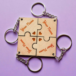 Personalized Gifts – Wooden Puzzle Best Friend Keychain Set of 4 | Custom Engraved Names.