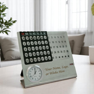 Personalized Steel Infinity Desk Calendar with Clock – Name & Logo Engraved