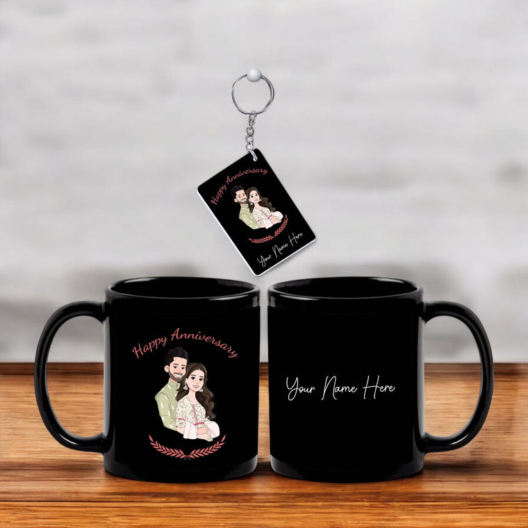 Black Mug & Keychain with Happy Anniversary Quote & Couple Image Printed with Name –