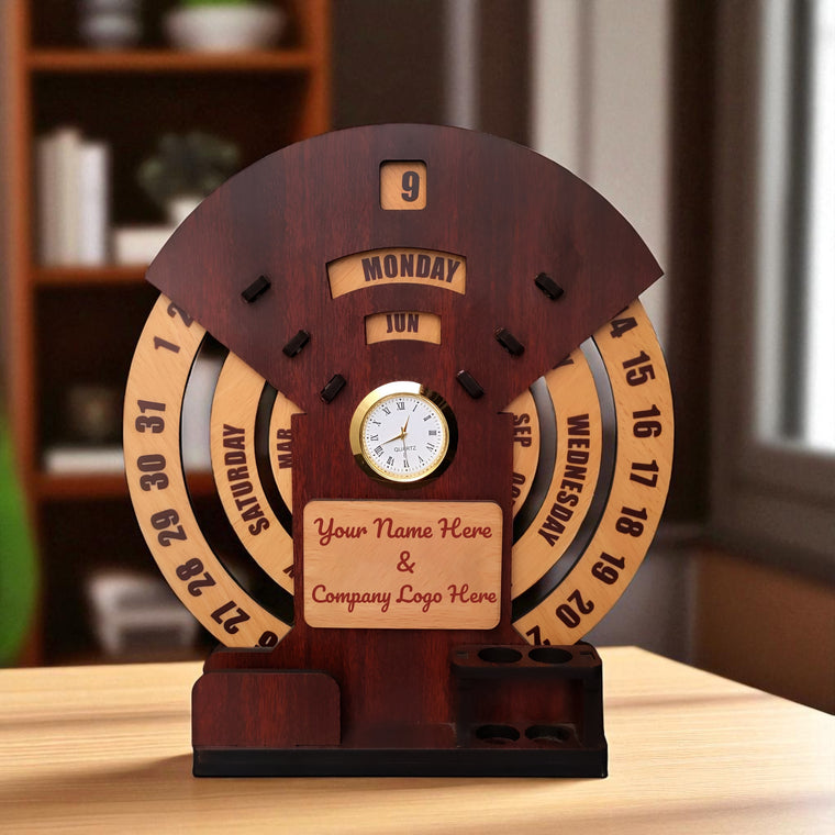 Customized Wooden Calendar With Desk Organizer & Clock.