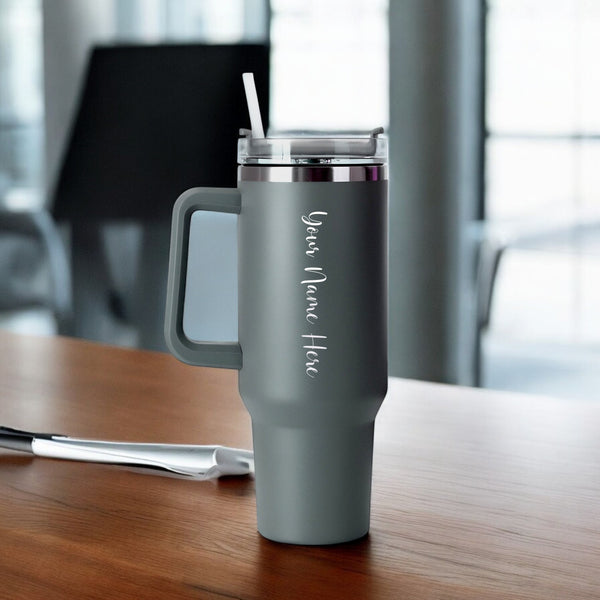 Personalized Stainless Steel Travel Tumbler with Lid, Straw & Name Engraving.