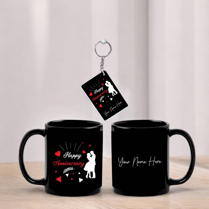 Anniversary Combo – Black Mug & Keychain with Happy Anniversary Quote & Name Printed