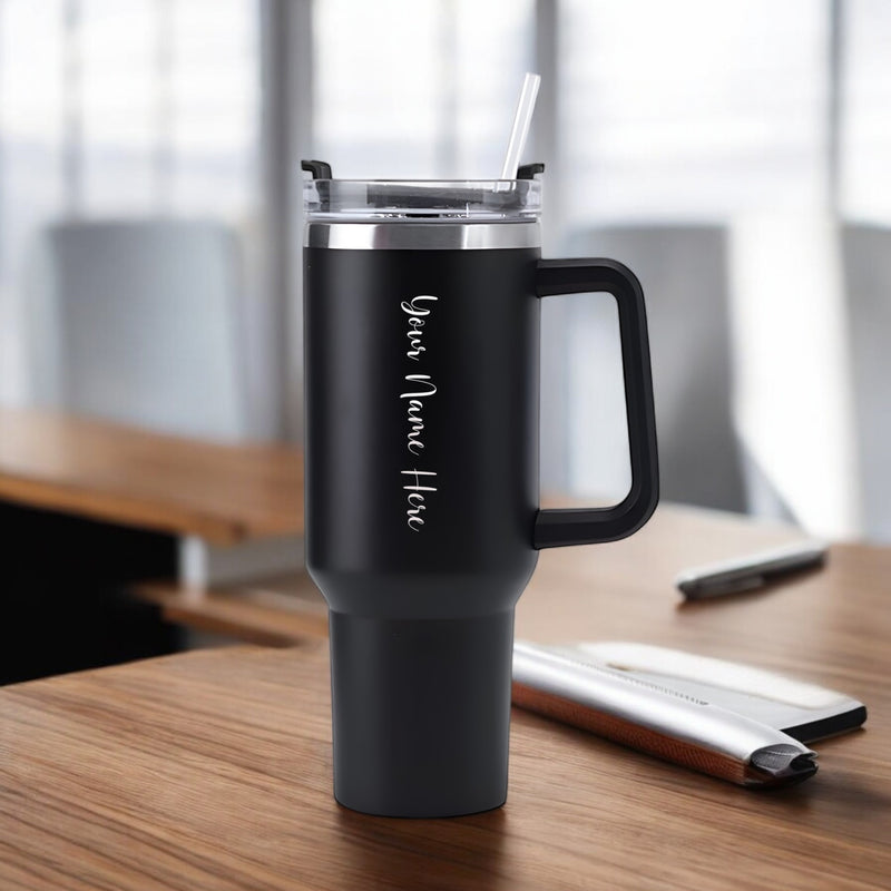 Personalized Stainless Steel Travel Tumbler with Lid, Straw & Name Engraving.