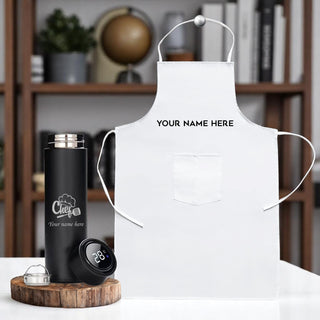 Chef's Custom Gift Combo - White Apron & Steel Bottle with Logo.