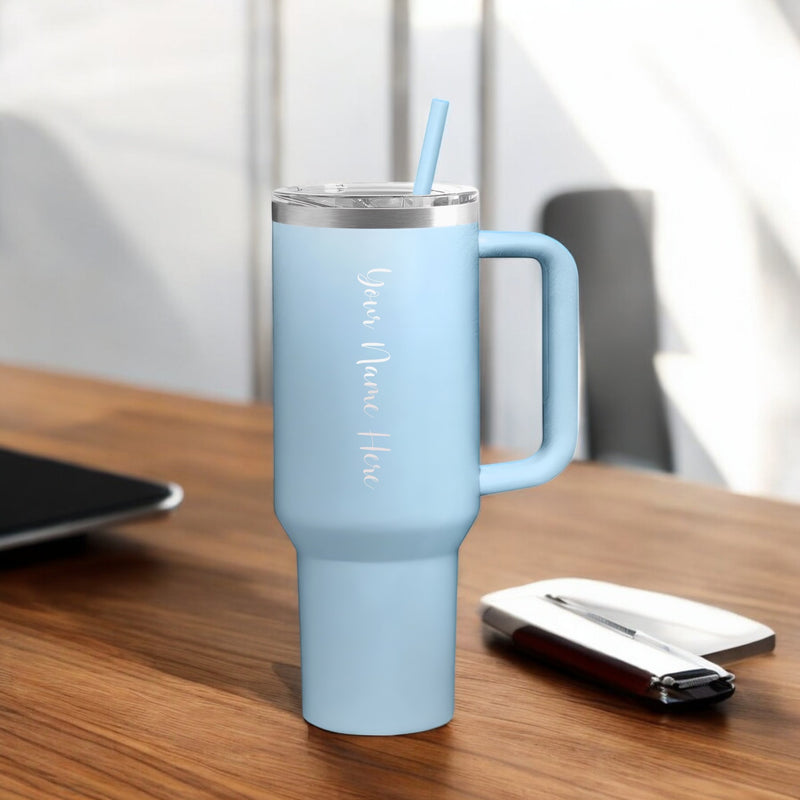 Personalized Stainless Steel Travel Tumbler with Lid, Straw & Name Engraving.