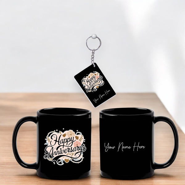 Black Mug & Keychain with Happy Anniversary Quote and Custom Name