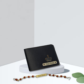 Customized Rakshabandhan Combo For Brother- Leather Men's Wallet Black & Rudrakash Rakhi.