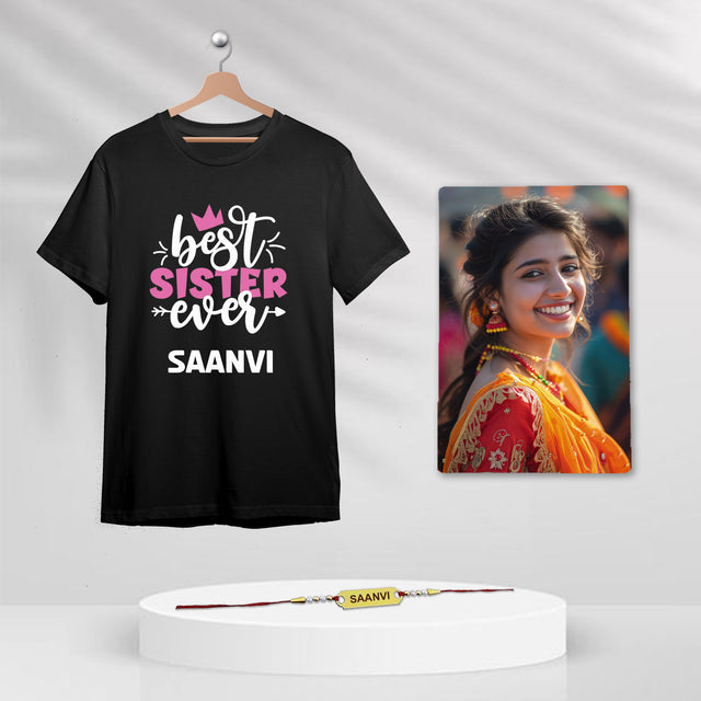 Rakhi Combo: Photo Frame, Name Rakhi & Awesome Sister T-Shirt.