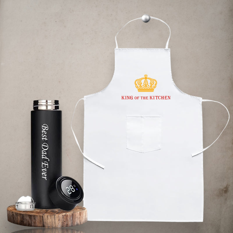 Father's Day Gift Set: 'Best Dad Ever' Bottle & 'King of the Kitchen' Apron.