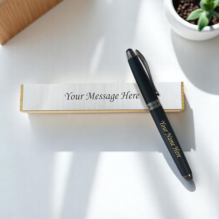Personalized Steel Grey Leaf Pen with Custom Wooden Box
