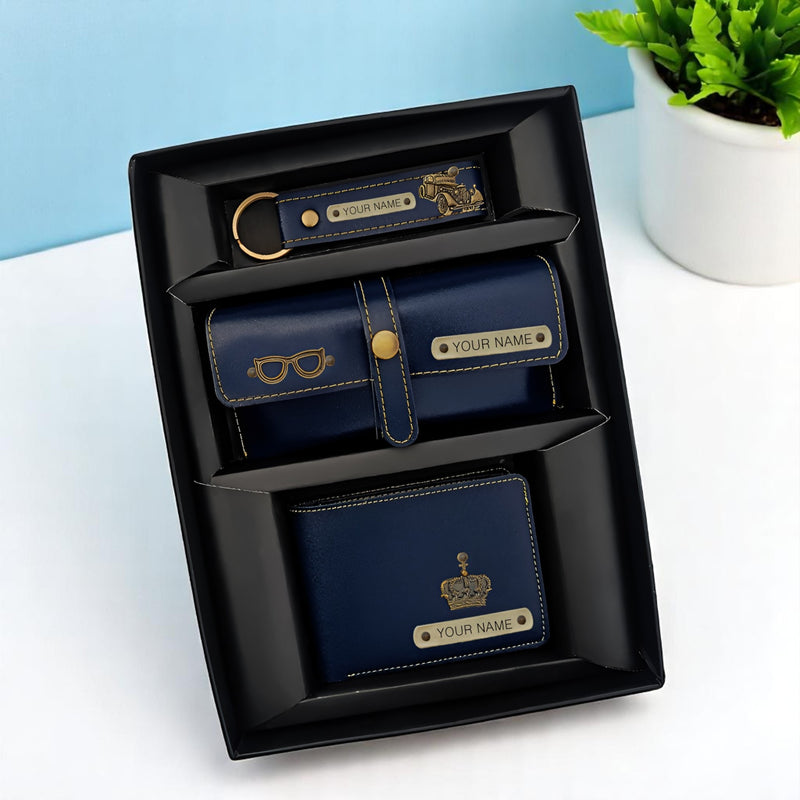 Men's Personalized Leather Gift Combo- Wallet, Eye wear Case & Keychain