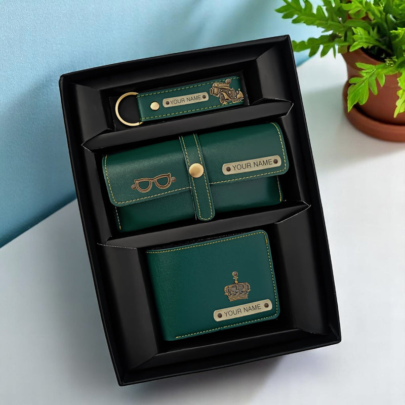 Men's Personalized Leather Gift Combo- Wallet, Eye wear Case & Keychain
