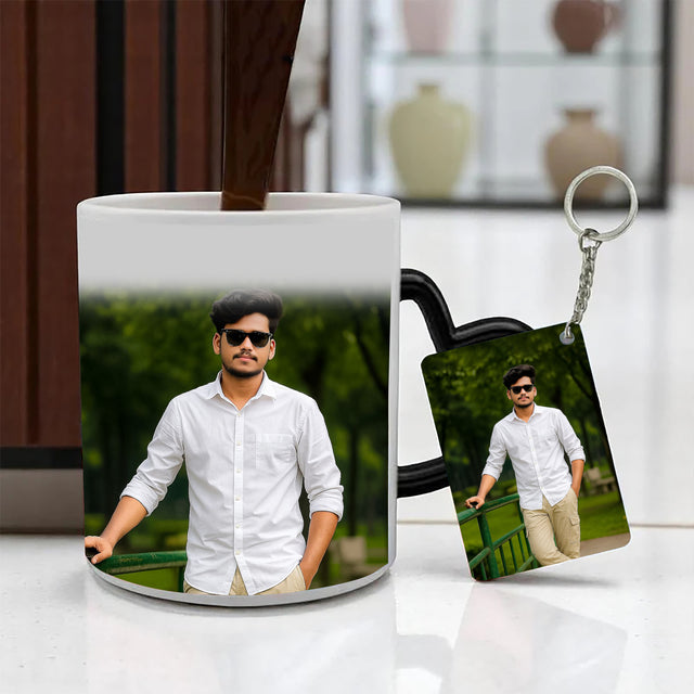 Photo Printed Magic Mug with Photo Keychain.
