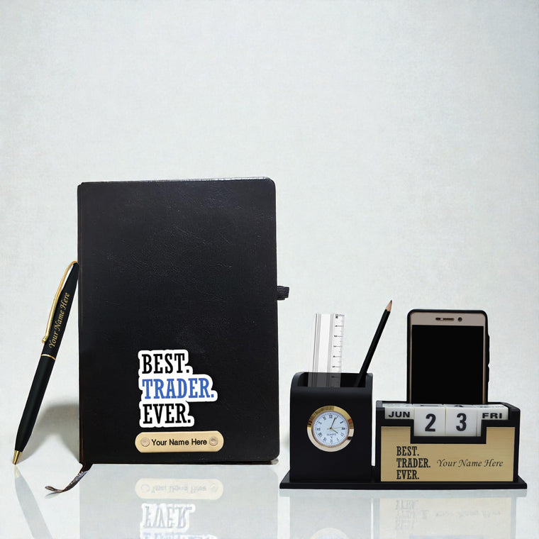 Customized Trader Gift Set – Black-Gold Slim Pen, Pen Stand with Clock