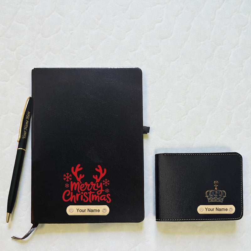 Christmas Combo for Men- Engraved Pen, Black A5 Diary, Leather Wallet