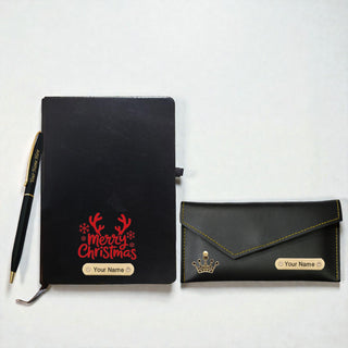 Customized Christmas Combo (Female) - Pen, Black A5 Diary, Leather Clutch