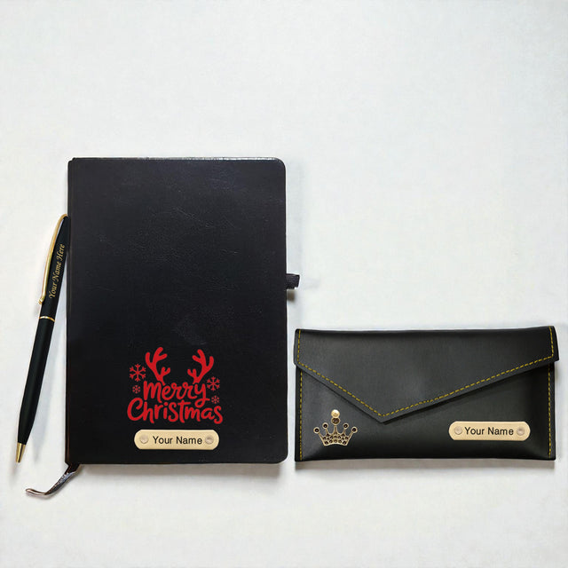 Customized Christmas Combo (Female) - Pen, Black A5 Diary, Leather Clutch