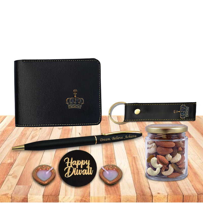 Diwali Gift Set for Men - Leather Wallet, Keychain & King Charm, Quote Engraved Pen