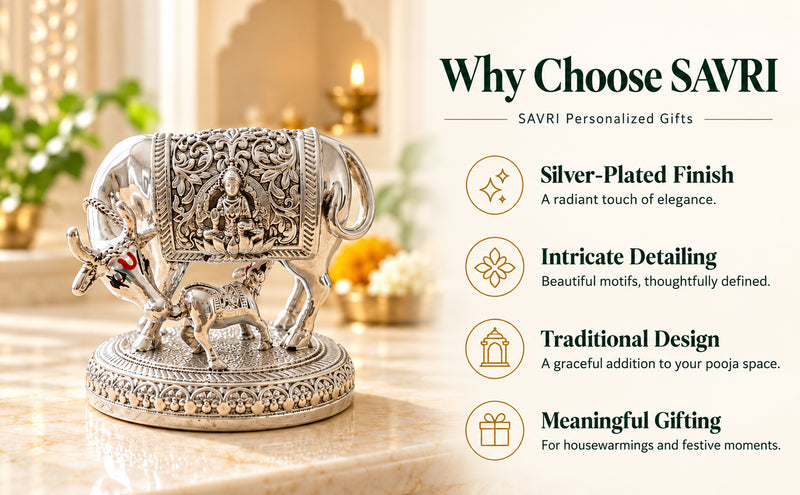 Kamdhenu Cow Idol 2.5 Inch Silver Plated German | Vastu Pooja Statue for Home Decor, Housewarming Gifts