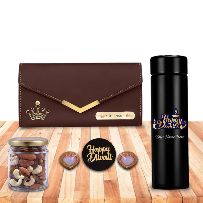 Diwali Gift Set for Women – Bottle with Name, Clutch With Dry Fruits & Diyas.