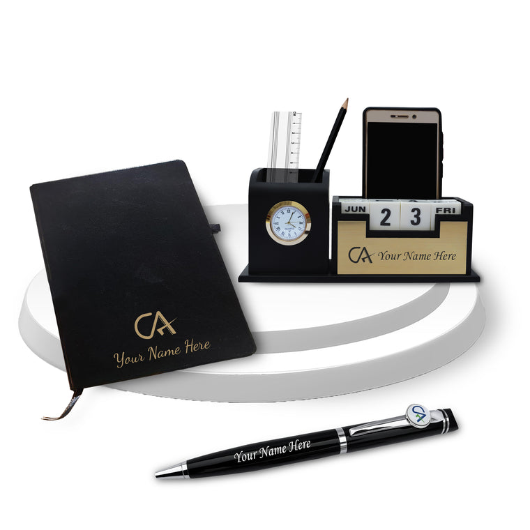 CA Combo: CA Pen Stand, Logo Pen & Engraved Black Diary