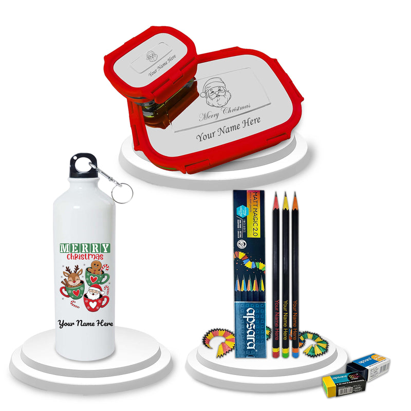 Christmas Gift Set - Pencils, Lunch Box & Bottle with Name & Design