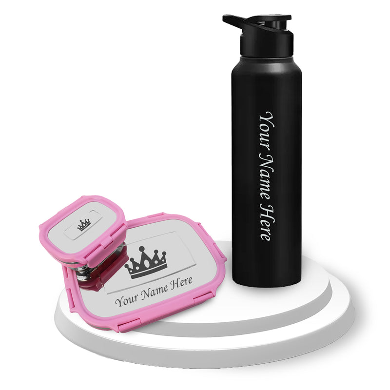 Customized Name Kid Combo-Stainless Steel Lunch Box & 1000ml Bottle.