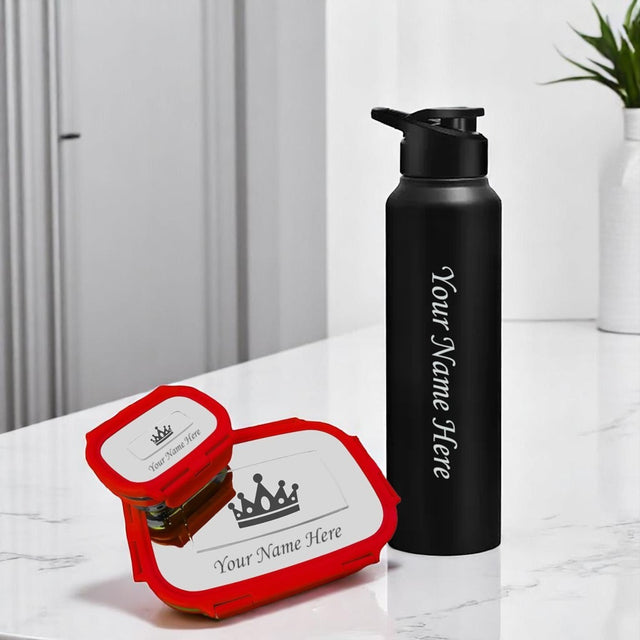 Customized Name Kid Combo-Stainless Steel Lunch Box & 1000ml Bottle.