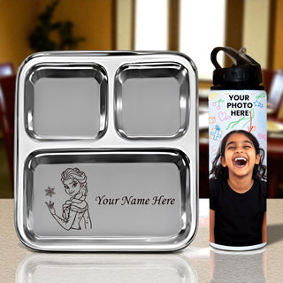Personalized Kid Combo – Steel Plate with Name & Character + Photo Printed Sipper Bottle