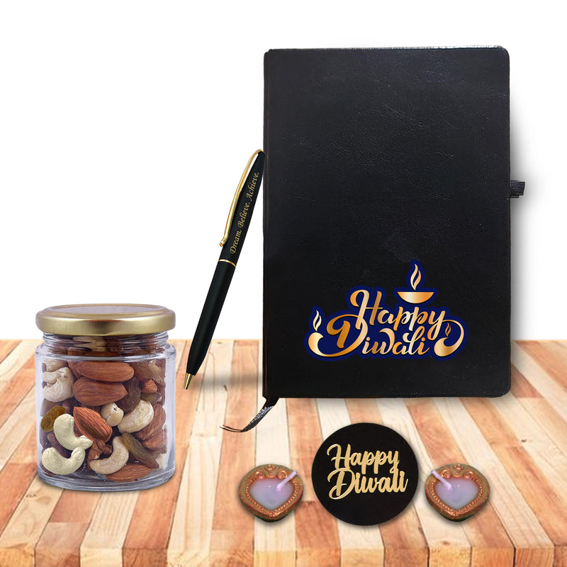 Diwali Gift Set - Leather Diary, Engraved Pen, Dry Fruit Jar & Diyas.