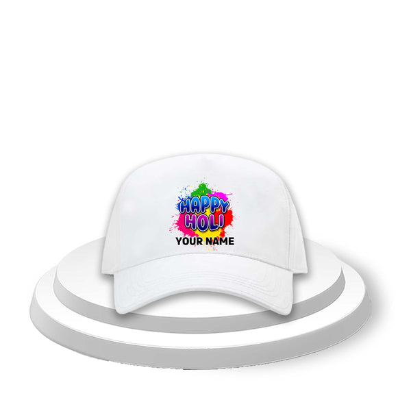 White Holi Cap with Name Printed – Happy Holi Festival Cap for Men & Women