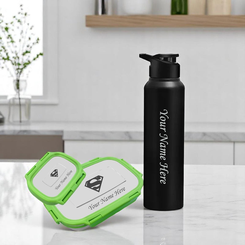 Customized Name Kid Combo-Stainless Steel Lunch Box & 1000ml Bottle.
