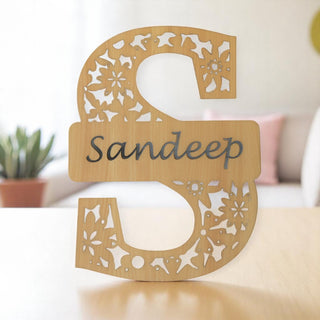 Wooden Initial Letter Wall Decor with Name (12x9 Inches).