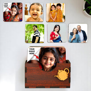Personalized Wooden Photo Printed Tea Coaster Set of 6 with Stand.