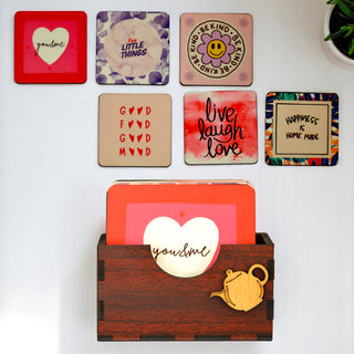 Wooden Tea Coaster Set of 6 with Stand – Drink Coasters with Different Quotes.