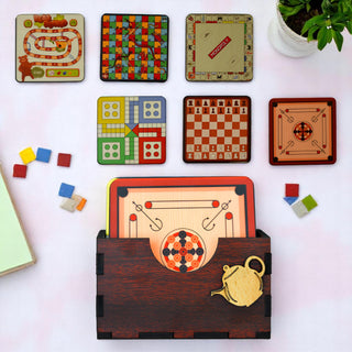 Wooden Tea Coaster Set of 6 with Stand – Game-Themed Drink Coasters.