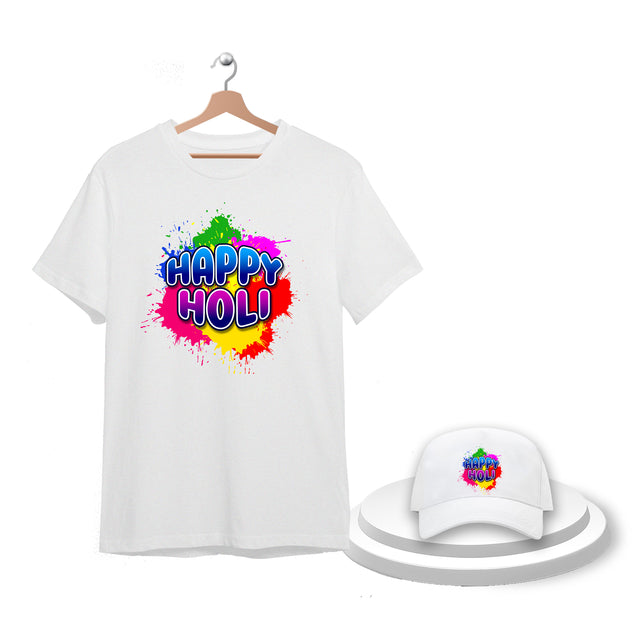 Holi T-Shirt & Cap Combo – Colorful Holi Festival Clothing for Men, Women & Kids –